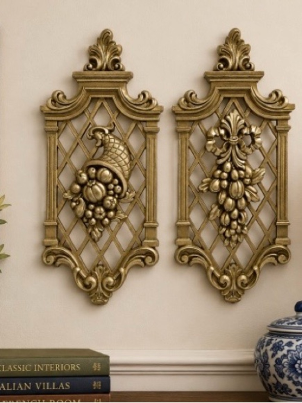 Set of 2 Vintage 1971 Syroco Homco Gold Wall Decor Plaques  MCM Nos. 7214 & 7215